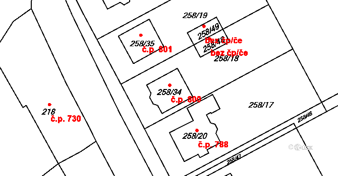 Březce 800, Štěpánov na parcele st. 258/34 v KÚ Březce, Katastrální mapa