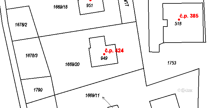 Brozany nad Ohří 424 na parcele st. 949 v KÚ Brozany nad Ohří, Katastrální mapa