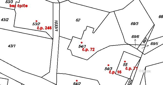 Čimelice 72 na parcele st. 54/1 v KÚ Čimelice, Katastrální mapa