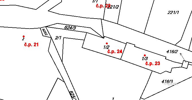 Chmelná 24, Sušice na parcele st. 1/2 v KÚ Velká Chmelná, Katastrální mapa