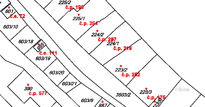 Lysice 219 na parcele st. 224/1 v KÚ Lysice, Katastrální mapa
