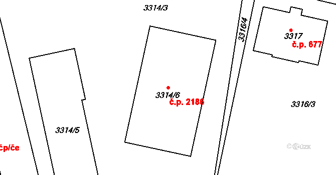 Modřany 2186, Praha na parcele st. 3314/6 v KÚ Modřany, Katastrální mapa