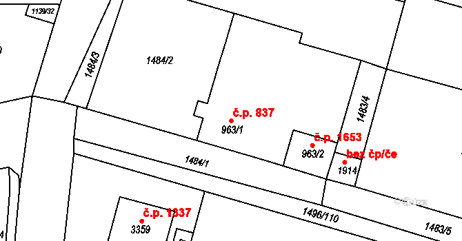 Humpolec 837 na parcele st. 963/1 v KÚ Humpolec, Katastrální mapa