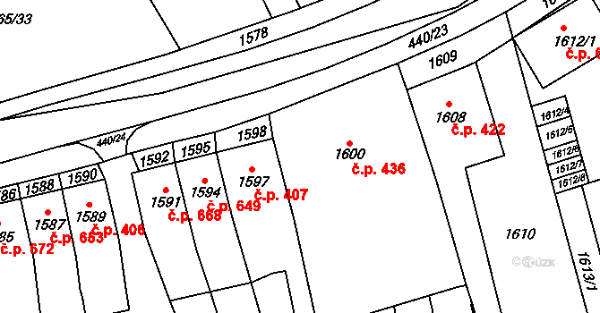 Koryčany 436 na parcele st. 1600/1 v KÚ Koryčany, Katastrální mapa