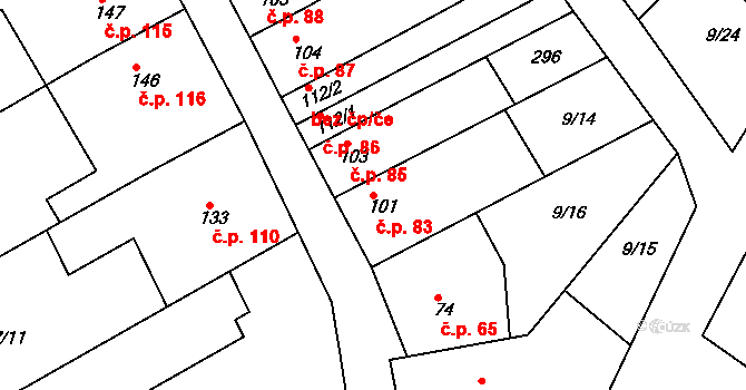 Němčice 83 na parcele st. 101 v KÚ Němčice u Holešova, Katastrální mapa