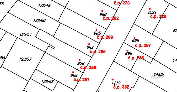 Telč-Štěpnice 265, Telč na parcele st. 983 v KÚ Telč, Katastrální mapa