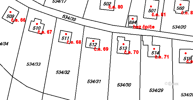 Krhanice 69 na parcele st. 512 v KÚ Krhanice, Katastrální mapa