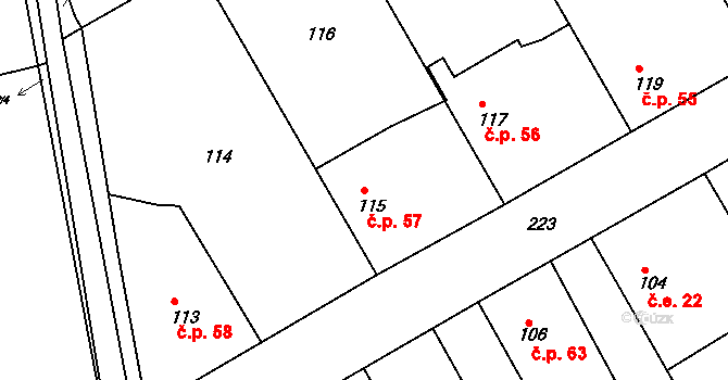 Skramníky 57, Klučov na parcele st. 115 v KÚ Skramníky, Katastrální mapa