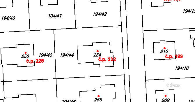 Radonice 232 na parcele st. 254 v KÚ Radonice u Prahy, Katastrální mapa