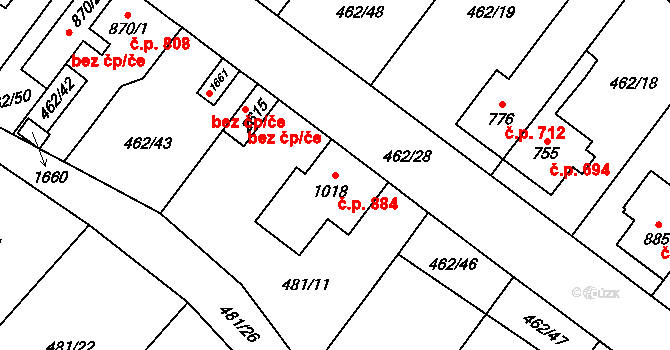 Třebechovice pod Orebem 884 na parcele st. 1018 v KÚ Třebechovice pod Orebem, Katastrální mapa