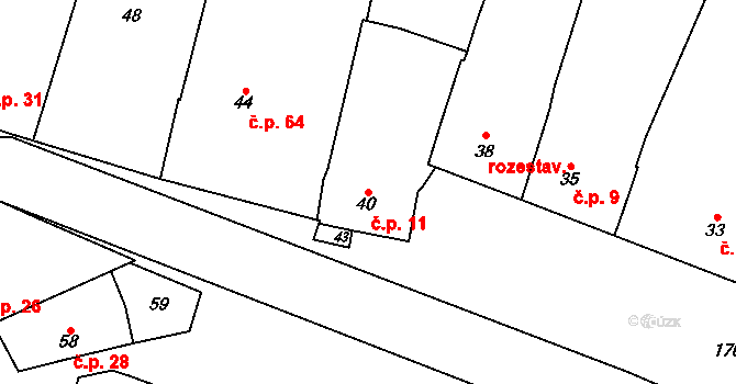 Břuchotín 11, Křelov-Břuchotín na parcele st. 40 v KÚ Břuchotín, Katastrální mapa