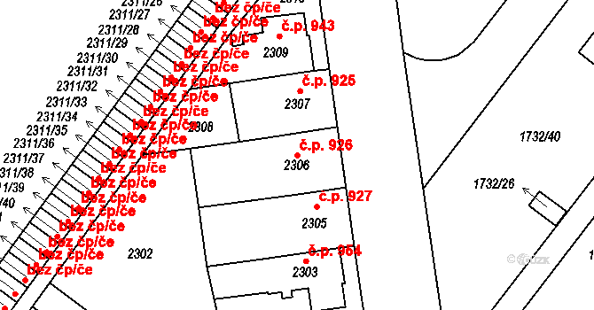 Roudnice nad Labem 926 na parcele st. 2306 v KÚ Roudnice nad Labem, Katastrální mapa
