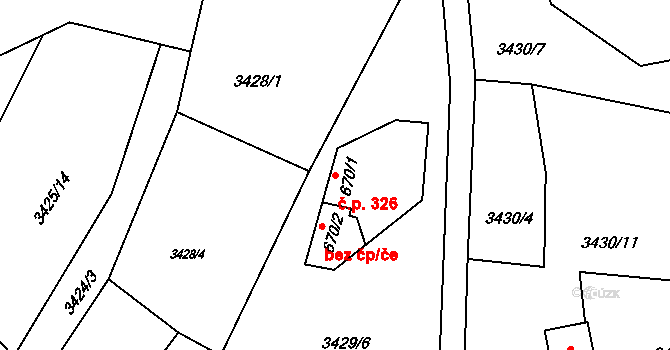 Rožnov pod Radhoštěm 326 na parcele st. 670/1 v KÚ Rožnov pod Radhoštěm, Katastrální mapa