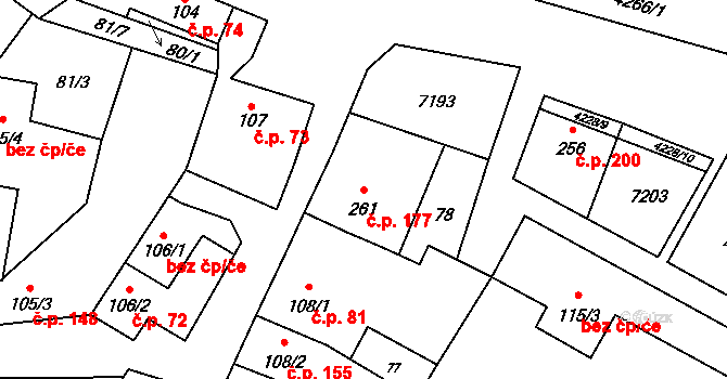 Mohelno 177 na parcele st. 261 v KÚ Mohelno, Katastrální mapa