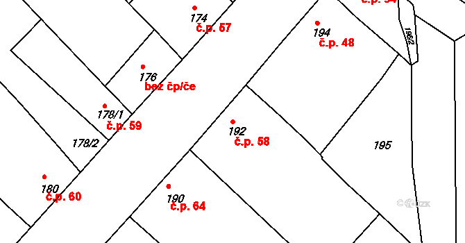 Dvorska 58, Brno na parcele st. 192 v KÚ Dvorska, Katastrální mapa