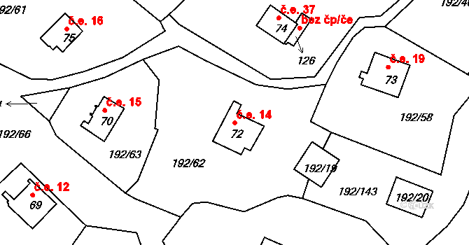 Mradice 14, Postoloprty na parcele st. 72 v KÚ Mradice, Katastrální mapa