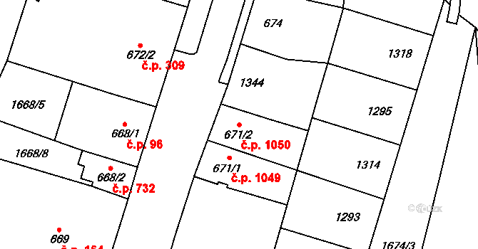 Cheb 1050 na parcele st. 671/2 v KÚ Cheb, Katastrální mapa