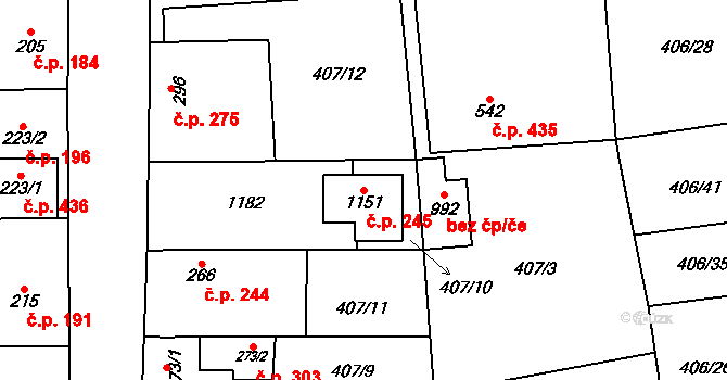 Veltrusy 245 na parcele st. 1151 v KÚ Veltrusy, Katastrální mapa