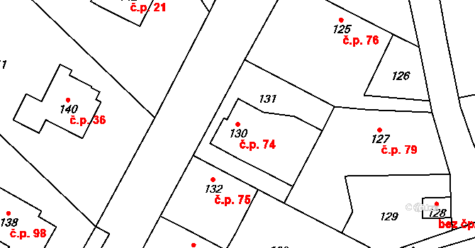 Královice 74, Praha na parcele st. 130 v KÚ Královice, Katastrální mapa