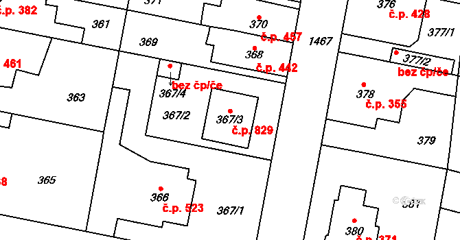 Čakovice 829, Praha na parcele st. 367/3 v KÚ Čakovice, Katastrální mapa