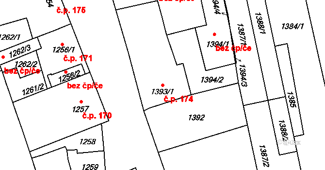 Těšice 174, Mikulčice na parcele st. 1393/1 v KÚ Mikulčice, Katastrální mapa