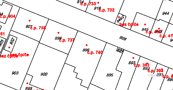 Pečky 740 na parcele st. 896 v KÚ Pečky, Katastrální mapa