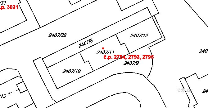Michle 2793,2794,2795, Praha na parcele st. 2407/11 v KÚ Michle, Katastrální mapa
