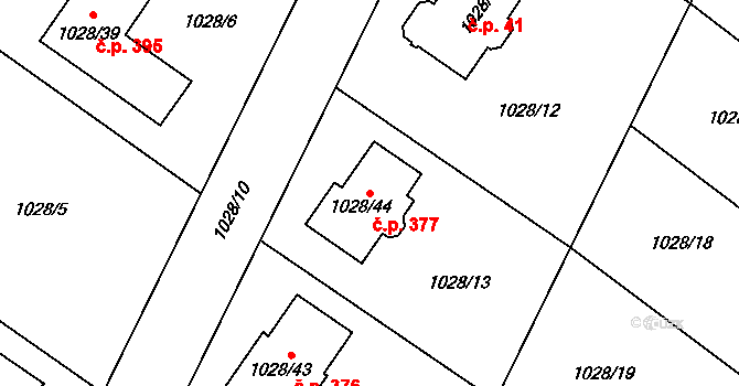 Křelov 377, Křelov-Břuchotín na parcele st. 1028/44 v KÚ Křelov, Katastrální mapa