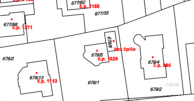 Černice 1026, Plzeň na parcele st. 679/5 v KÚ Bručná, Katastrální mapa