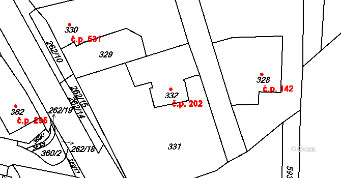 Habartov 202 na parcele st. 332 v KÚ Habartov, Katastrální mapa