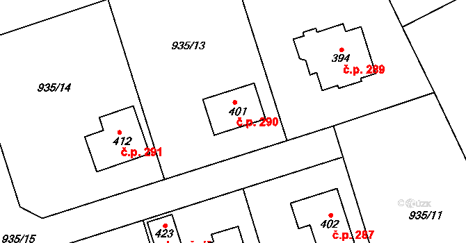 Hrabišín 290 na parcele st. 401 v KÚ Hrabišín, Katastrální mapa