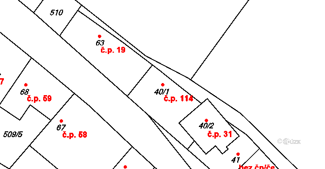 Hrušov 114 na parcele st. 40/1 v KÚ Hrušov nad Jizerou, Katastrální mapa