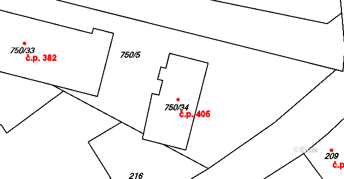 Zruč 405, Zruč-Senec na parcele st. 750/34 v KÚ Zruč, Katastrální mapa