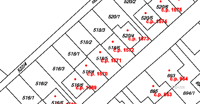 Jirkov 1571 na parcele st. 518/5 v KÚ Jirkov, Katastrální mapa