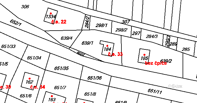 Poplze 33, Libochovice na parcele st. 184 v KÚ Poplze, Katastrální mapa