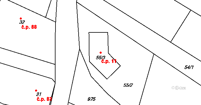 Popice 11, Znojmo na parcele st. 55/3 v KÚ Popice u Znojma, Katastrální mapa