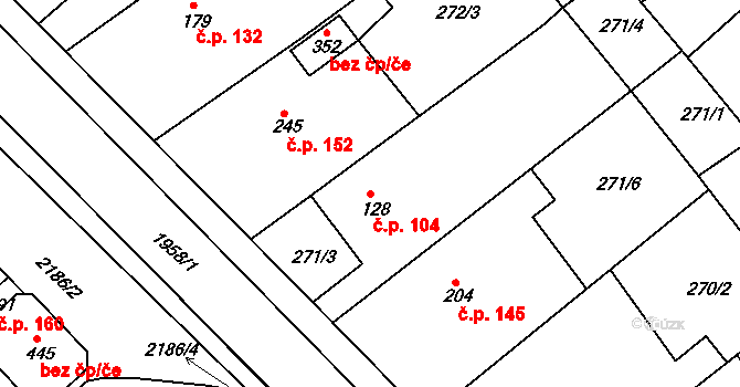 Hrádek na Vlárské dráze 104, Slavičín na parcele st. 128 v KÚ Hrádek na Vlárské dráze, Katastrální mapa