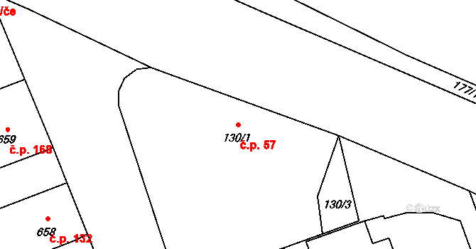 Komárov 57, Opava na parcele st. 130/1 v KÚ Komárov u Opavy, Katastrální mapa