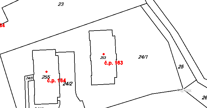 Hostice 163, Ruda nad Moravou na parcele st. 253 v KÚ Hostice, Katastrální mapa