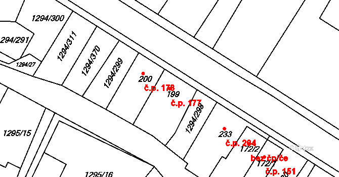 Dolní Roveň 177 na parcele st. 199 v KÚ Dolní Roveň, Katastrální mapa