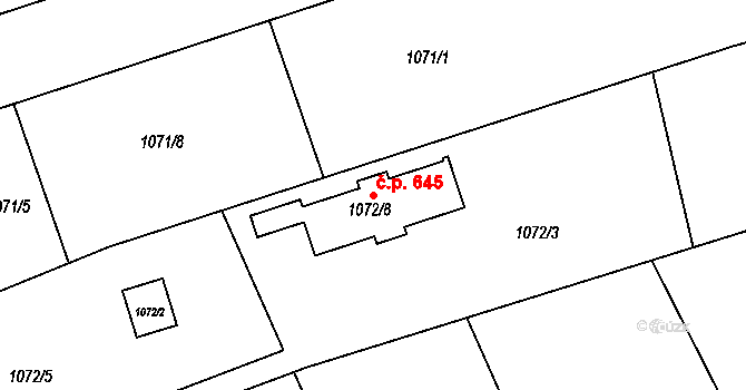 Koterov 645, Plzeň na parcele st. 1072/8 v KÚ Bručná, Katastrální mapa