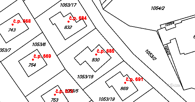 Mořkov 685 na parcele st. 830 v KÚ Mořkov, Katastrální mapa