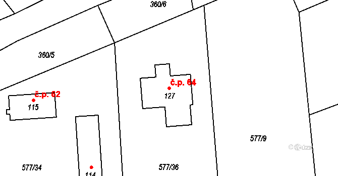 Bušanovice 64 na parcele st. 127 v KÚ Bušanovice, Katastrální mapa