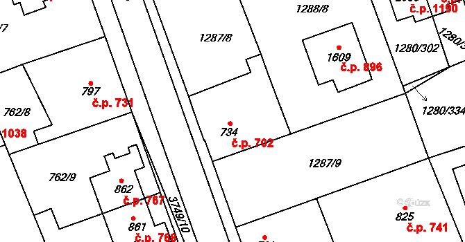 Dobřany 702 na parcele st. 734 v KÚ Dobřany, Katastrální mapa