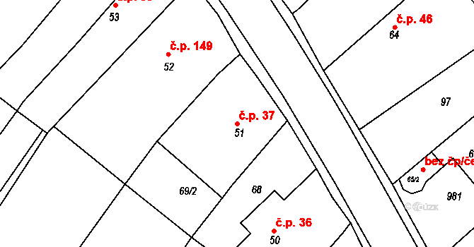 Kovanice 37 na parcele st. 51 v KÚ Kovanice, Katastrální mapa