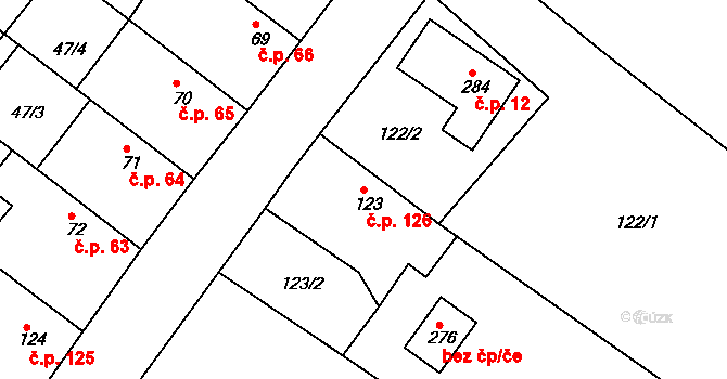 Všechlapy 126 na parcele st. 123 v KÚ Všechlapy u Nymburka, Katastrální mapa