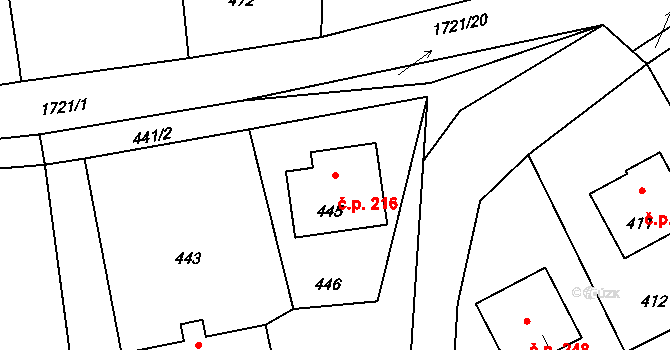 Hradiště 216, Těrlicko na parcele st. 445 v KÚ Hradiště pod Babí horou, Katastrální mapa