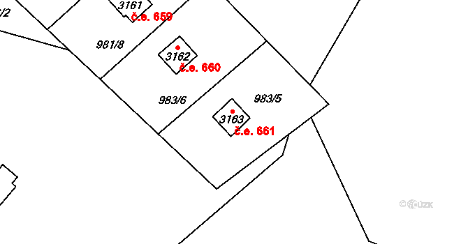 Ostravice 661 na parcele st. 3163 v KÚ Staré Hamry 2, Katastrální mapa