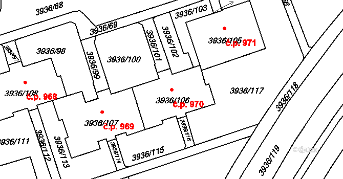 Lutyně 970, Orlová na parcele st. 3936/106 v KÚ Horní Lutyně, Katastrální mapa