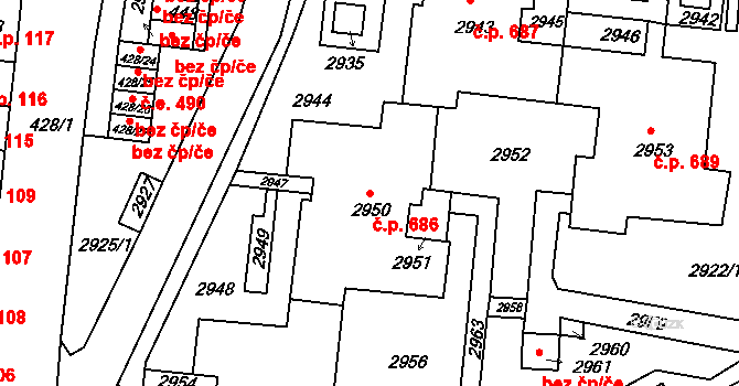 Bohunice 686, Brno na parcele st. 2950 v KÚ Bohunice, Katastrální mapa